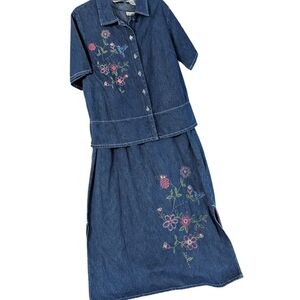 Studio Ease Denim 2pc Set Embroidered Hummingbird Dress & Shirt, 16W